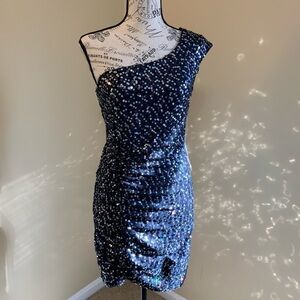 As U Wish One Shoulder Navy Sequined Cocktail Dress